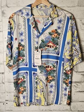 ZARA Tropical Print Button Shirt Blue Yellow Bird Resort Top S NWT